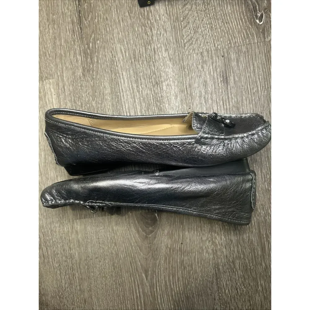 Michael Kors Silver Leather Loafer Flats Logo Accent Square Toe for Women Sz 7.5